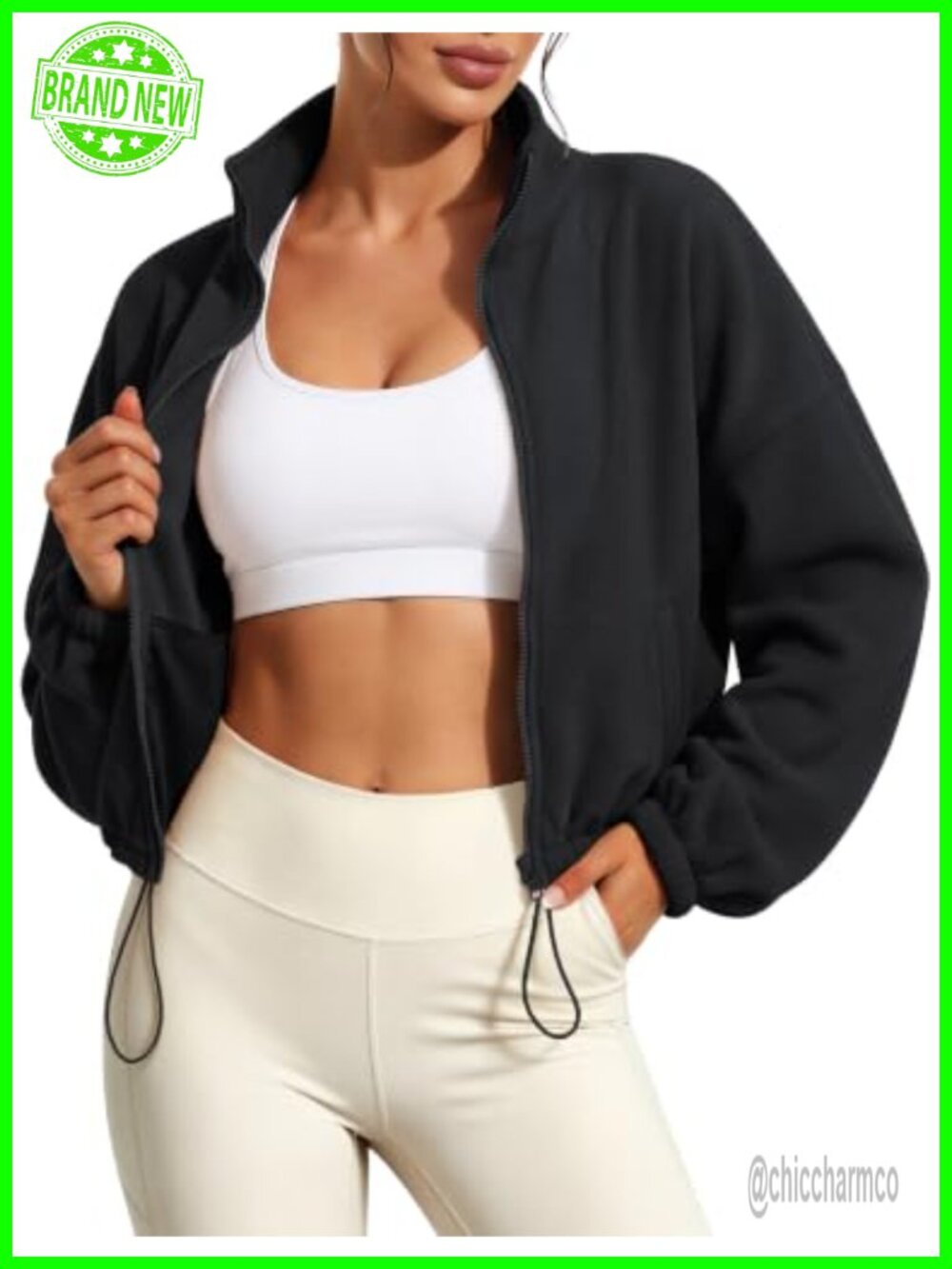 Womens Cropped Fleece Jacket Full Zip Sherpa Sweatshirt Drawstring Hem